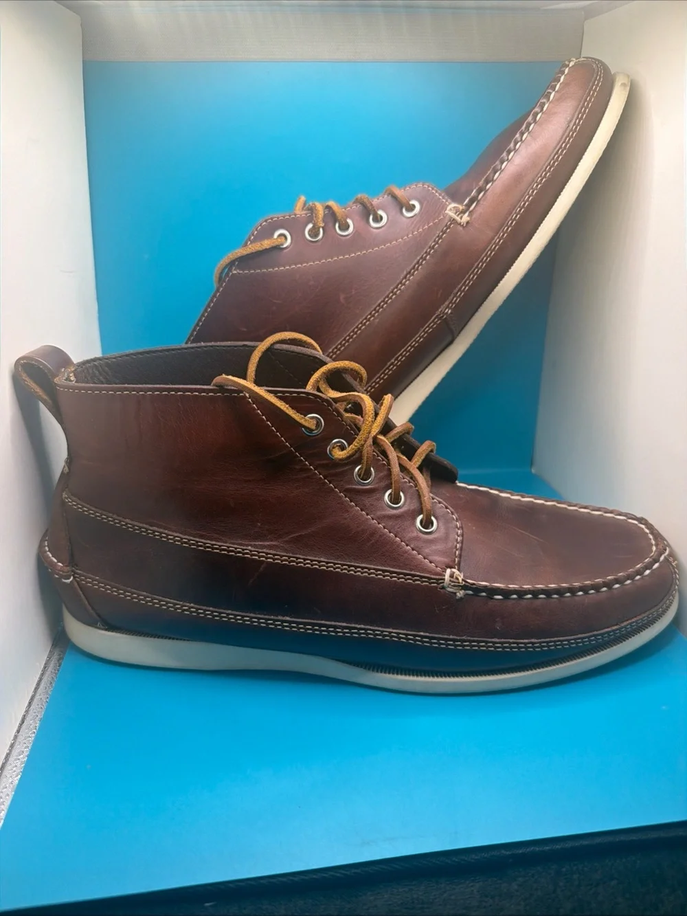 New G.H  Bass & Co Camp Moc Boots Brown Mens White Soles 10 M Leather Laces